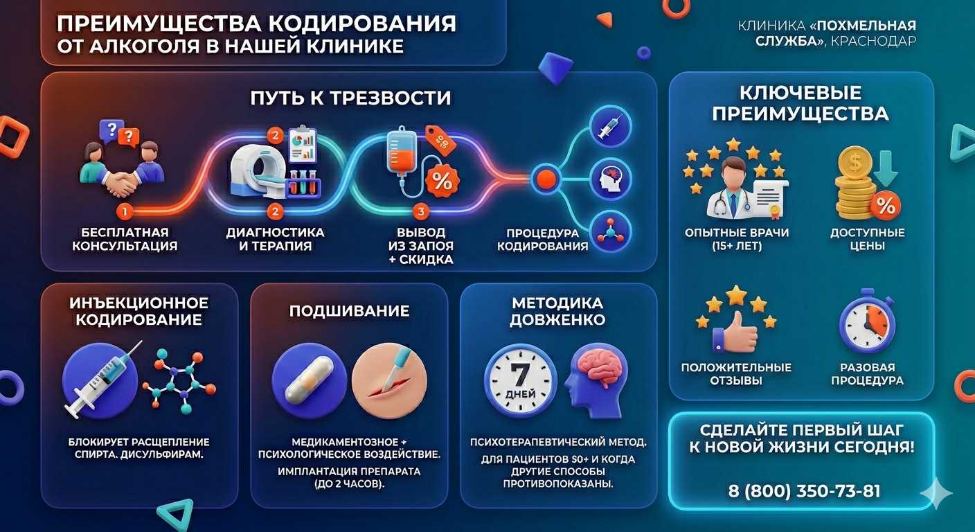 Инфографика о методах кодирования от алкоголя в Амурске: инъекции, подшивание, метод Довженко. Преимущества клиники и этапы лечения.