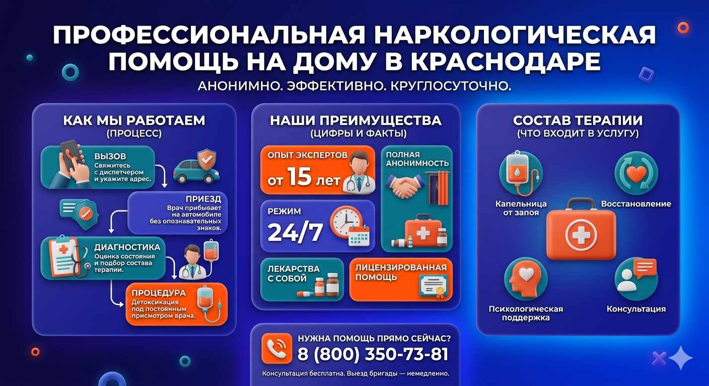 Инфографика о принципах лечения алкоголизма на дому в Амурске: этапы вызова нарколога, преимущества анонимной детоксикации и состав медицинской помощи.